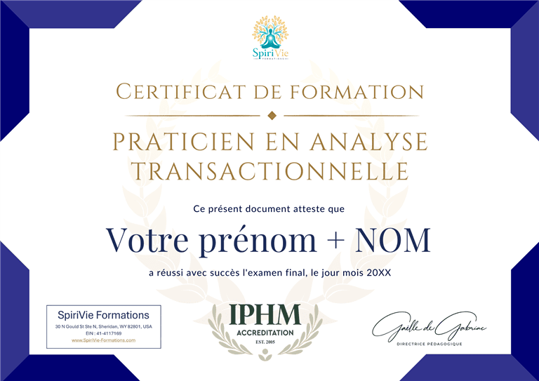 Exemple de certificat IPHM en Analyse Transactionnelle délivré par SpiriVie Formations