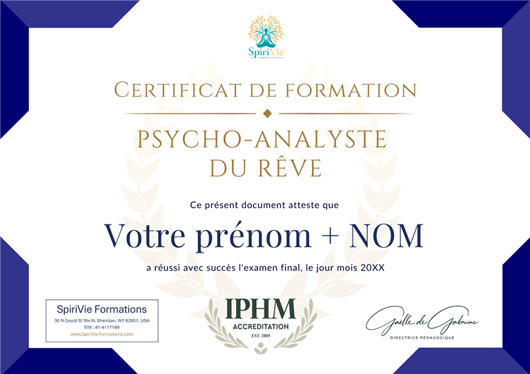 Exemple de certificat IPHM de Psycho-Analyste du Rêve délivré par SpiriVie Formations