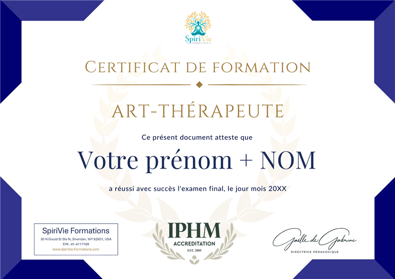 Exemple de certificat IPHM en Art-Thérapie délivré par SpiriVie Formations