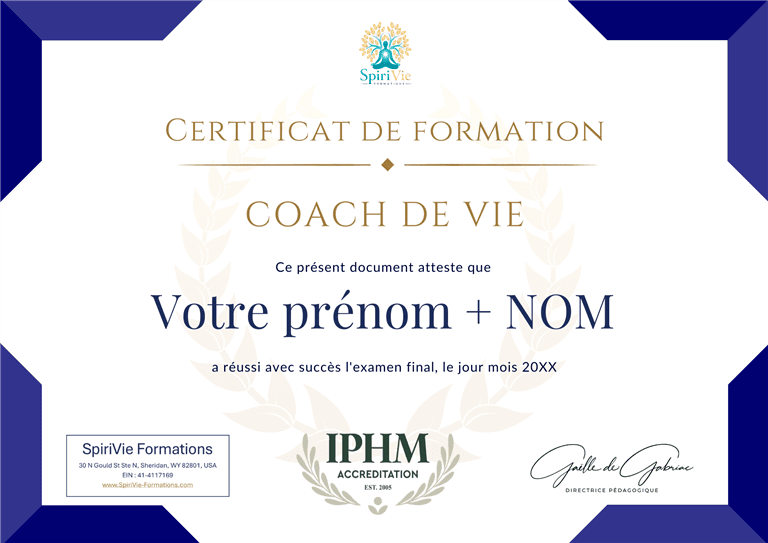 Exemple de certificat IPHM en Coaching de Vie délivré par SpiriVie Formations