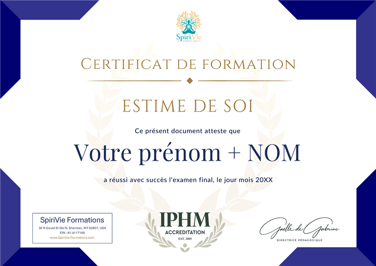 Exemple de certificat IPHM Estime de Soi délivré par SpiriVie Formations