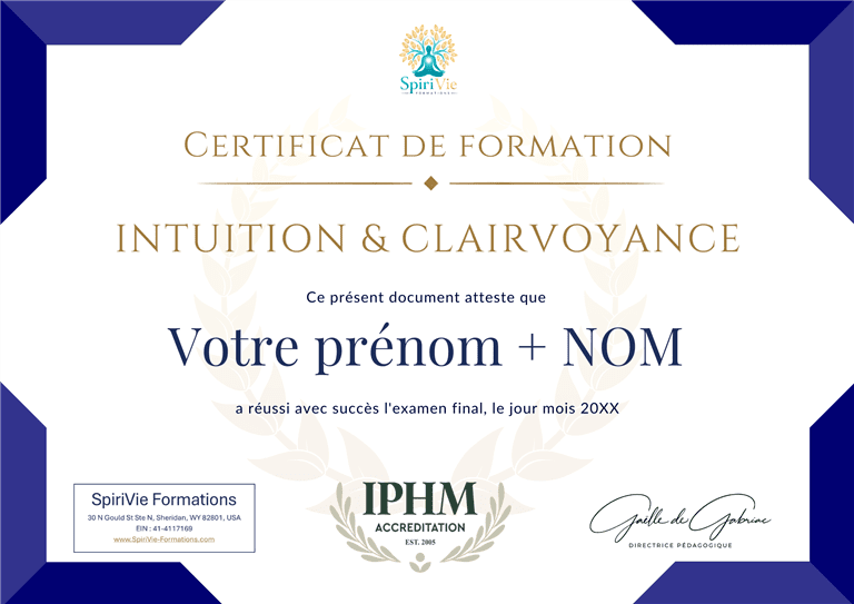 Exemple de certificat IPHM Développez votre Intuition délivré par SpiriVie Formations