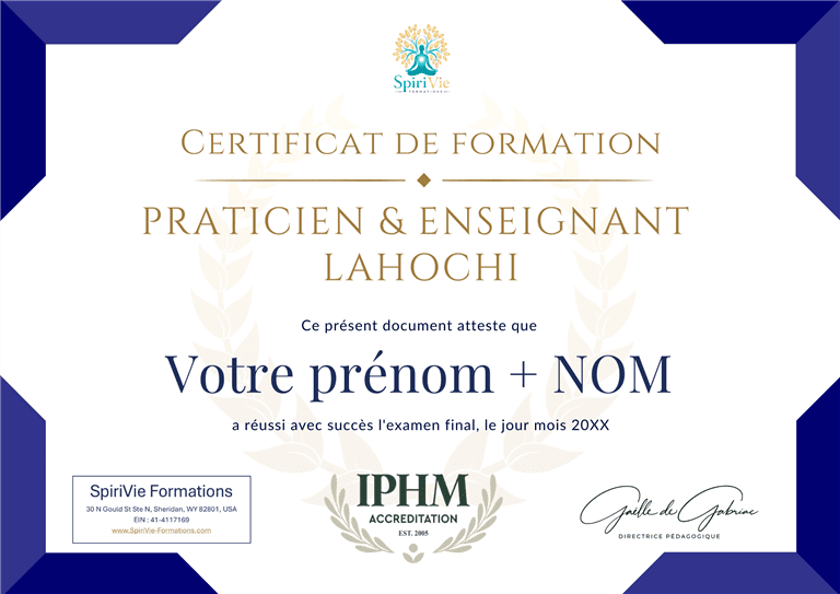 Exemple de certificat IPHM Praticien & Enseignant LaHoChi délivré par SpiriVie Formations