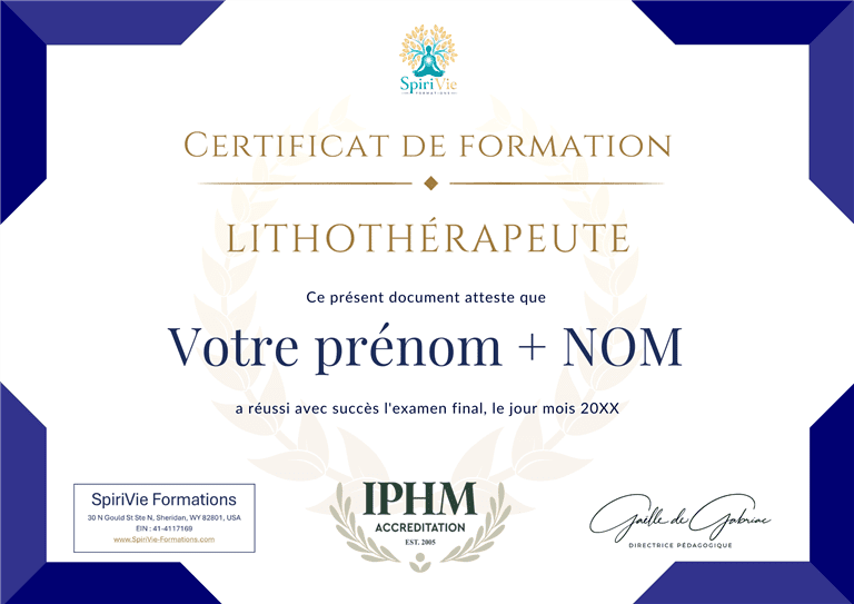 Exemple de certificat IPHM en Lithothérapie délivré par SpiriVie Formations