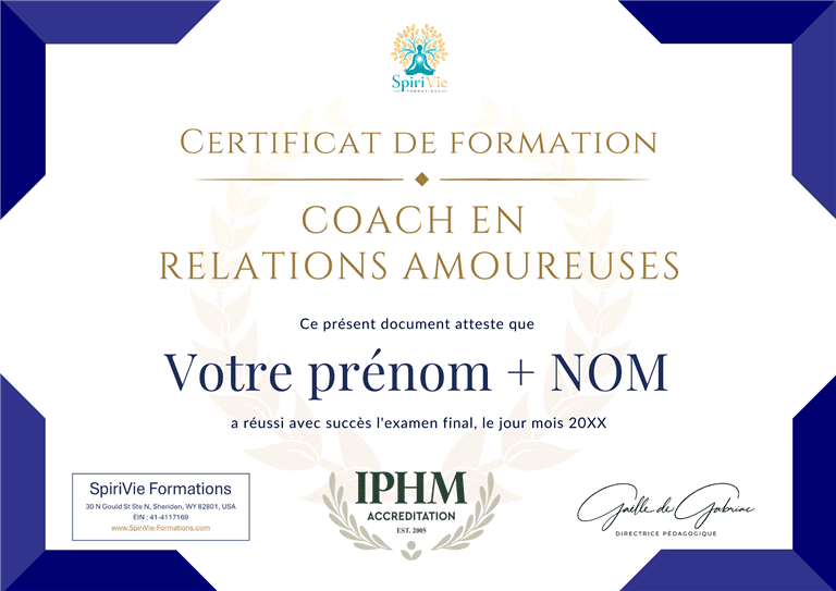 Exemple de certificat IPHM de Coach en Relations Amoureuses délivré par SpiriVie Formations