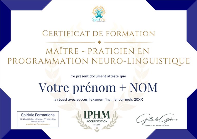 Exemple de certificat IPHM de Maître Praticien PNL délivré par SpiriVie Formations
