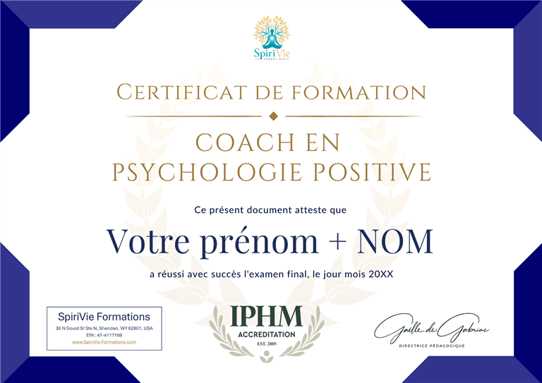 Exemple de certificat IPHM de Coach en Psychologie Positive délivré par SpiriVie Formations