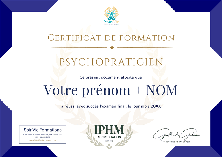 Exemple de certificat IPHM en Psychothérapie délivré par SpiriVie Formations