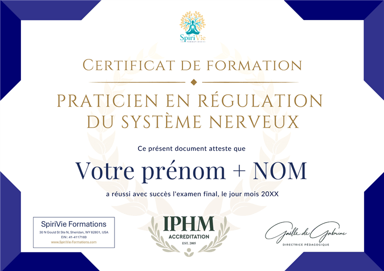 Exemple de certificat IPHM de Praticien en Régulation du Système Nerveux délivré par SpiriVie Formations
