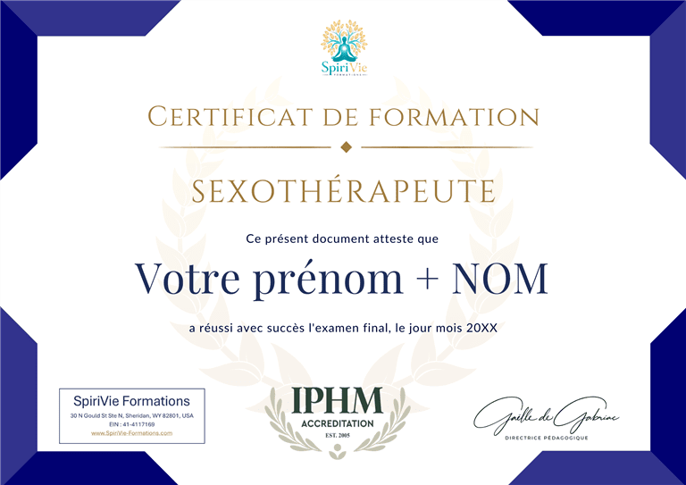 Exemple de certificat IPHM en Sexothérapie délivré par SpiriVie Formations