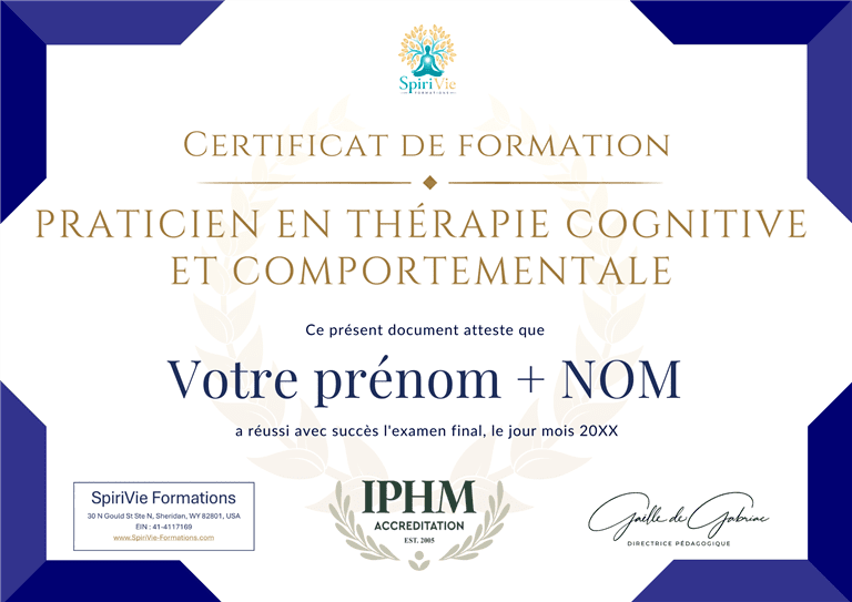 Exemple de certificat IPHM en Thérapie Cognitive et Comportementale délivré par SpiriVie Formations