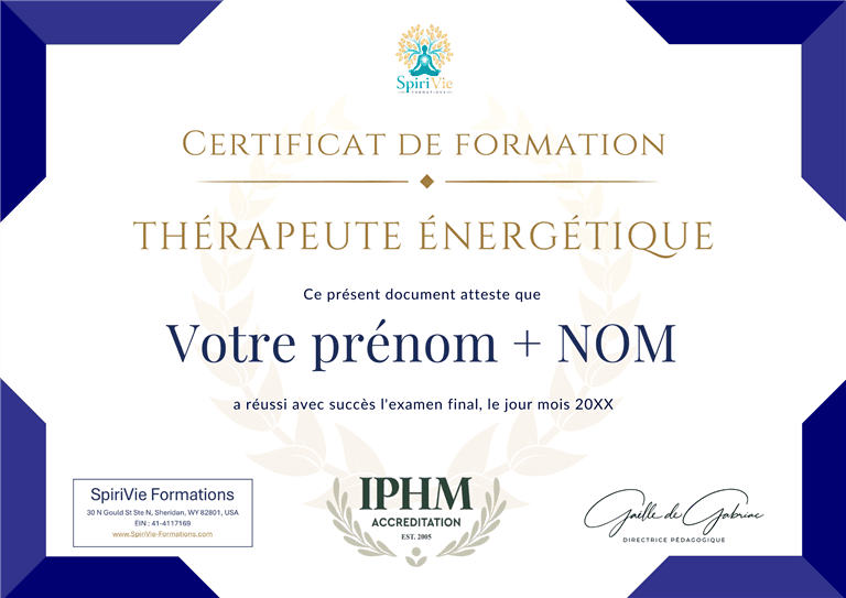 Exemple de certificat IPHM en Thérapie Énergétique délivré par SpiriVie Formations