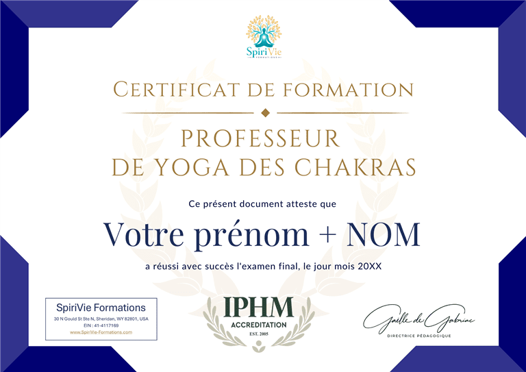 Exemple de certificat IPHM de Professeur de Yoga des Chakras délivré par SpiriVie Formations