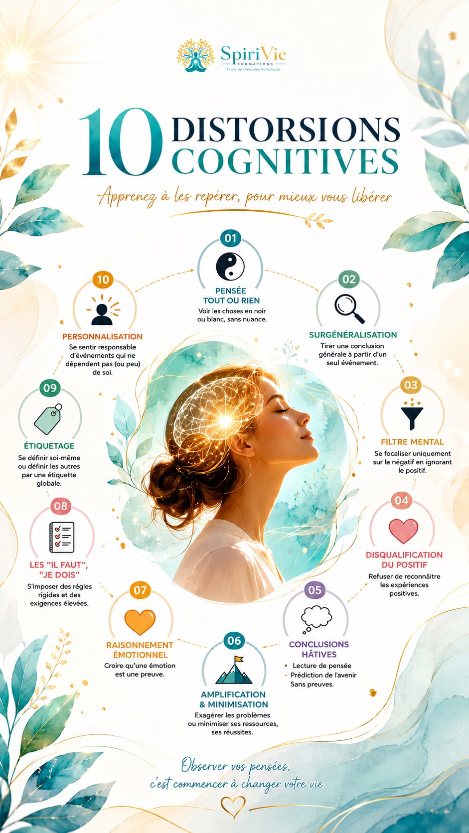 Infographie des 10 distorsions cognitives : pensée tout-ou-rien, généralisation, filtre mental, catastrophisation et les autres — SpiriVie