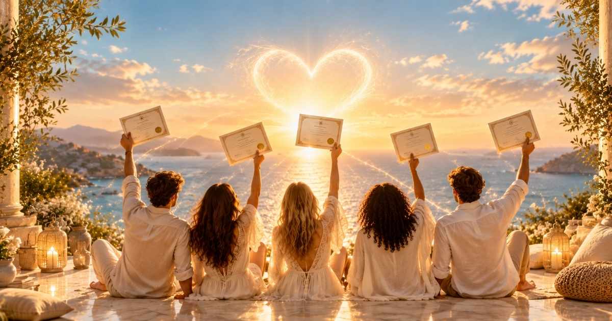 Illustration de cinq étudiants certifiés vus de dos, brandissant leur certificat face à la mer au coucher du soleil