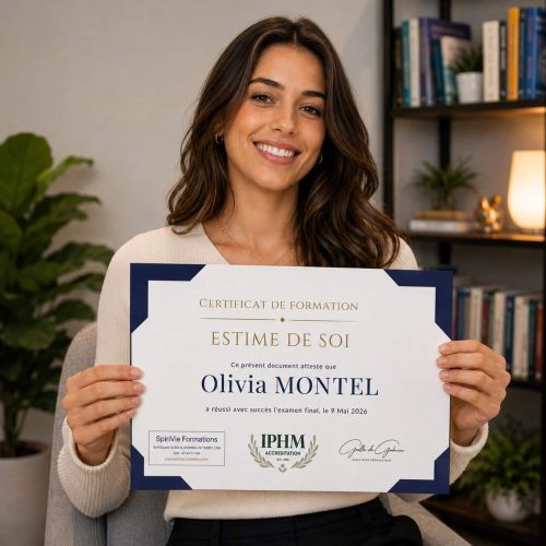 Diplômé Coach Estime de Soi certifié IPHM tenant son certificat SpiriVie Formations
