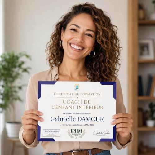 Diplômé Coach de l'Enfant Intérieur certifié IPHM tenant son certificat SpiriVie Formations