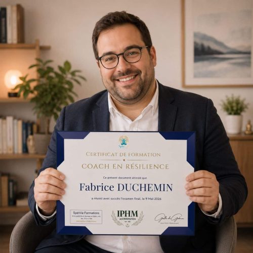 Diplômé Coach en Résilience certifié IPHM tenant son certificat SpiriVie Formations