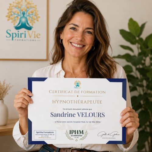 Diplômé Hypnothérapeute certifié IPHM tenant son certificat SpiriVie Formations