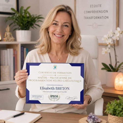 Diplômé Maître-Praticien en Programmation Neuro-Linguistique certifié IPHM tenant son certificat SpiriVie Formations