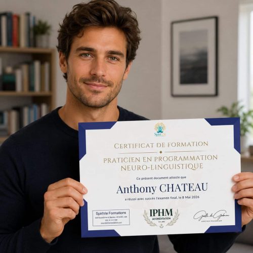 Diplômé Praticien en Programmation Neuro-Linguistique certifié IPHM tenant son certificat SpiriVie Formations