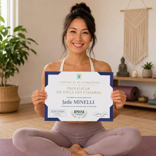 Diplômé Professeur de Yoga des Chakras certifié IPHM tenant son certificat SpiriVie Formations