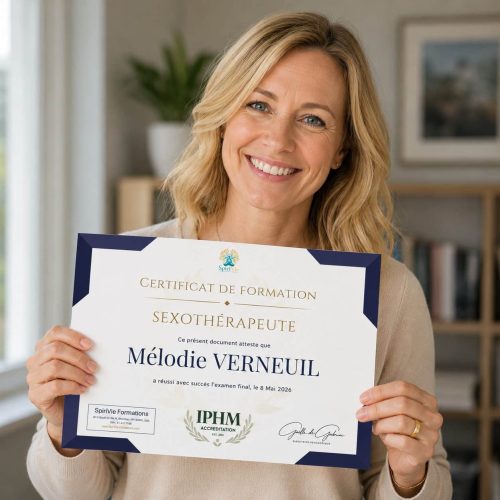 Diplômé Sexothérapeute certifié IPHM tenant son certificat SpiriVie Formations